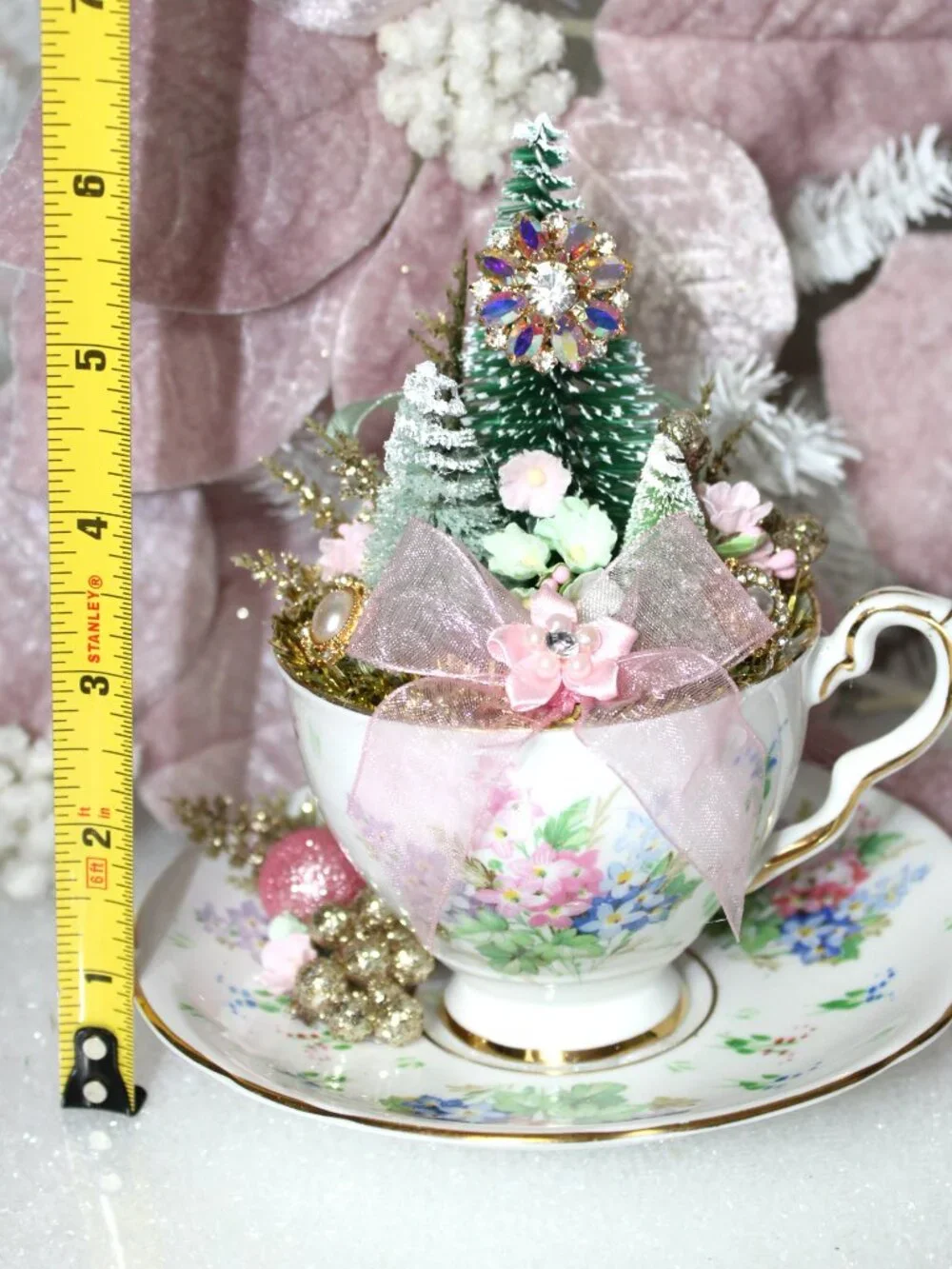 Teacup Christmas Tree Assemblage: Shabby Chic Pink Holiday Decor